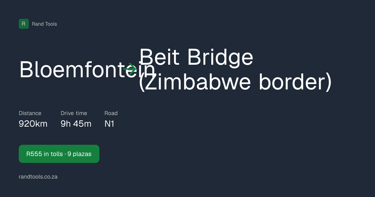 Bloemfontein to Beit Bridge: 9 Toll Gates · R555 Fees 2026 | Rand Tools