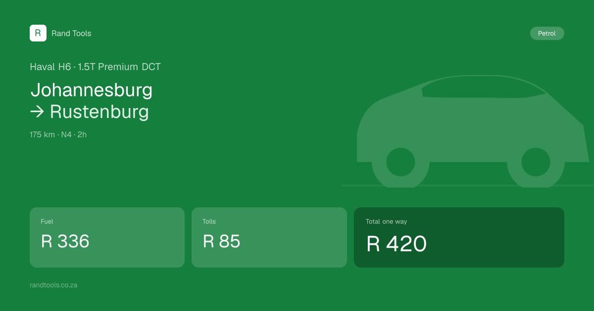 Haval H6 — Johannesburg to Rustenburg cost (2026) | Rand Tools